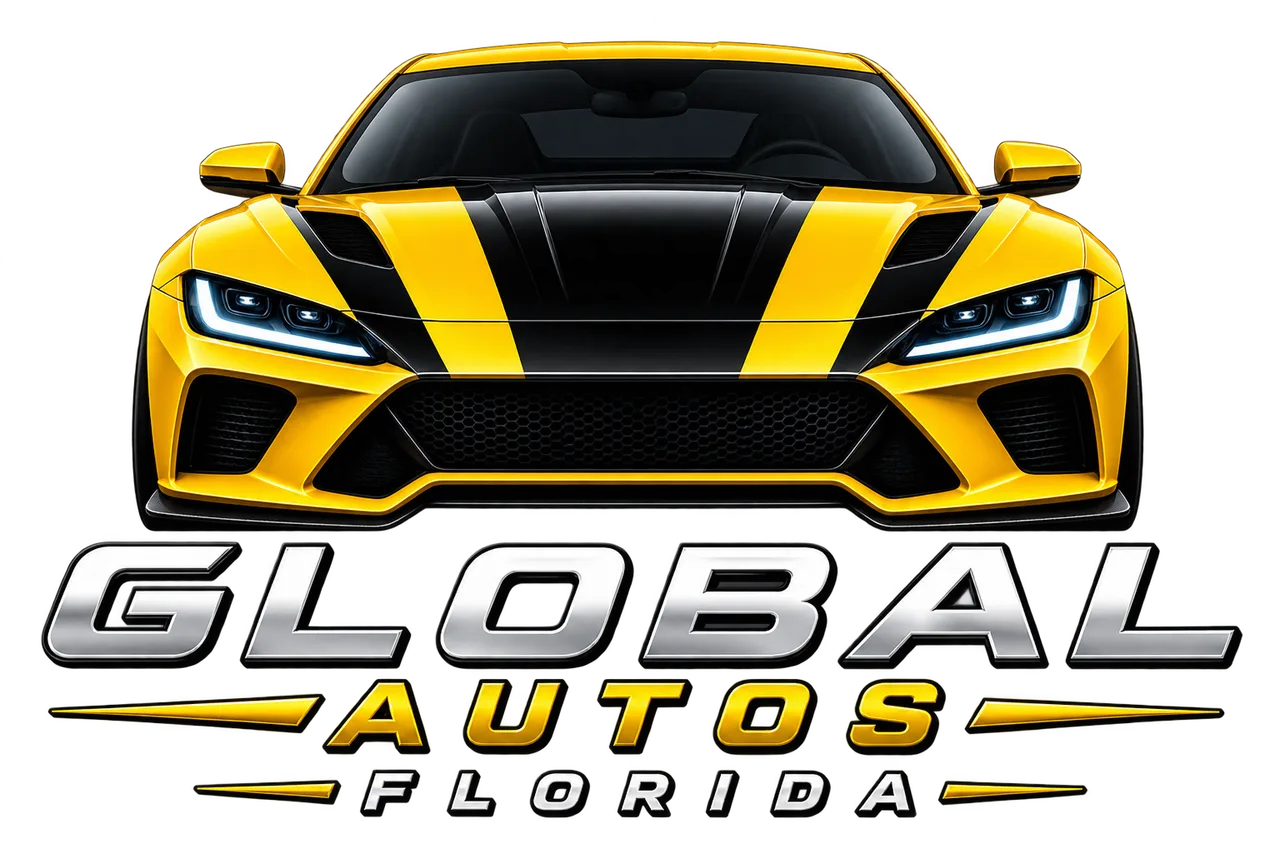 Yellow sports car with black stripes and Global Autos Florida logo